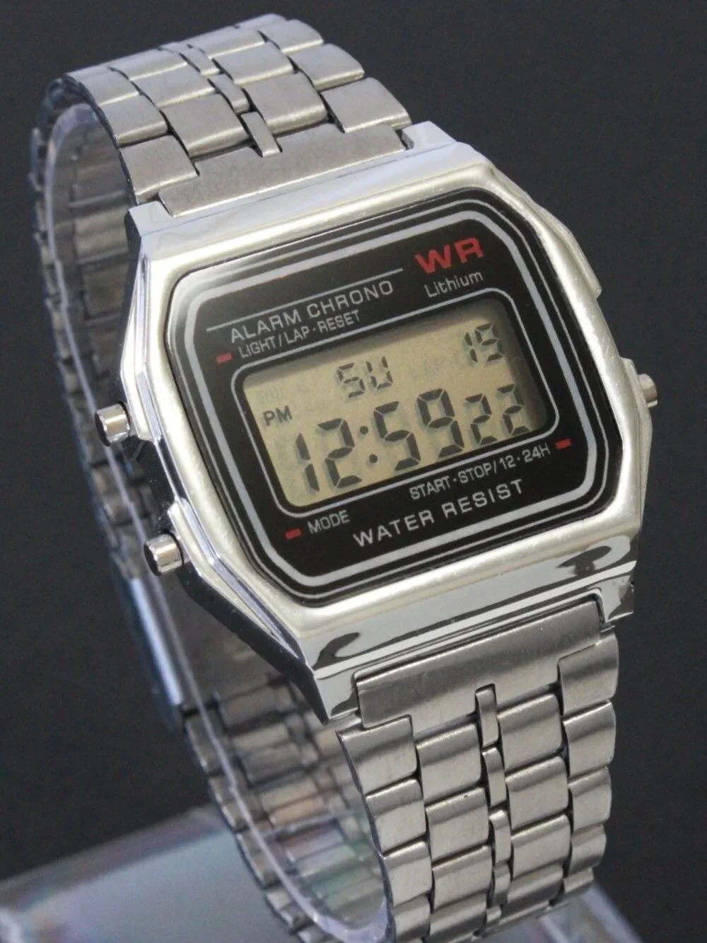 Retro Style Digital Watch Metal Case Bracelet Back light, Stopwatch, Day, Date